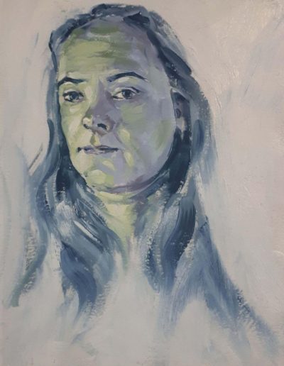Alyson May - Self Portrait in Green, oil on paper, 21 x 15cm