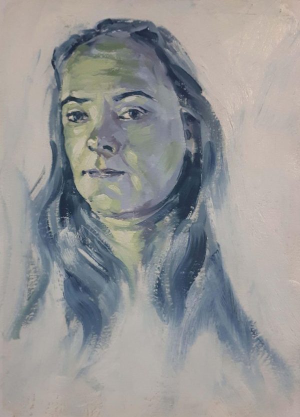 Alyson May - Self Portrait in Green, oil on paper, 21 x 15cm